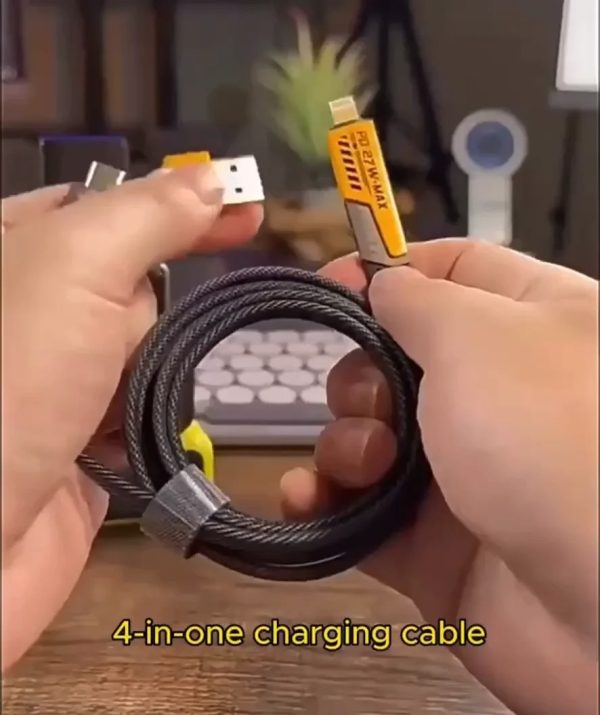 4 In 1 Data Cable – Usb-c & Lightning Connectors, Braided Durable Design, Fast Charging & Data Transfer, Black With Yellow Connectors